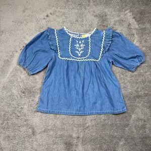 Mini Boden Blue‎ Cotton Embroidered Blouse